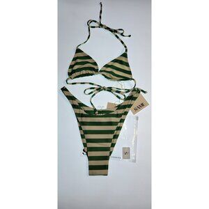 SAME Los Angeles Striped Bikini Set Triangle Top & High Cut Bottom Size S NWT